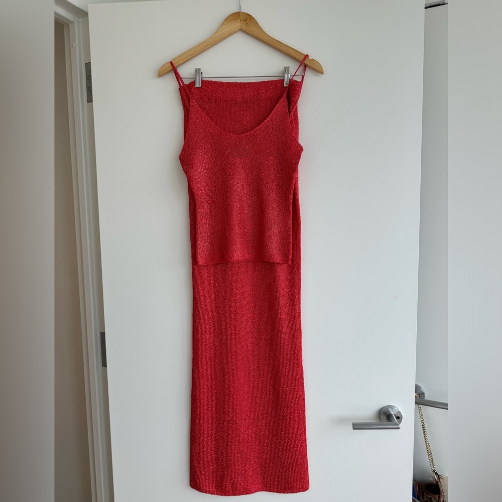 white fox red knit sequin set